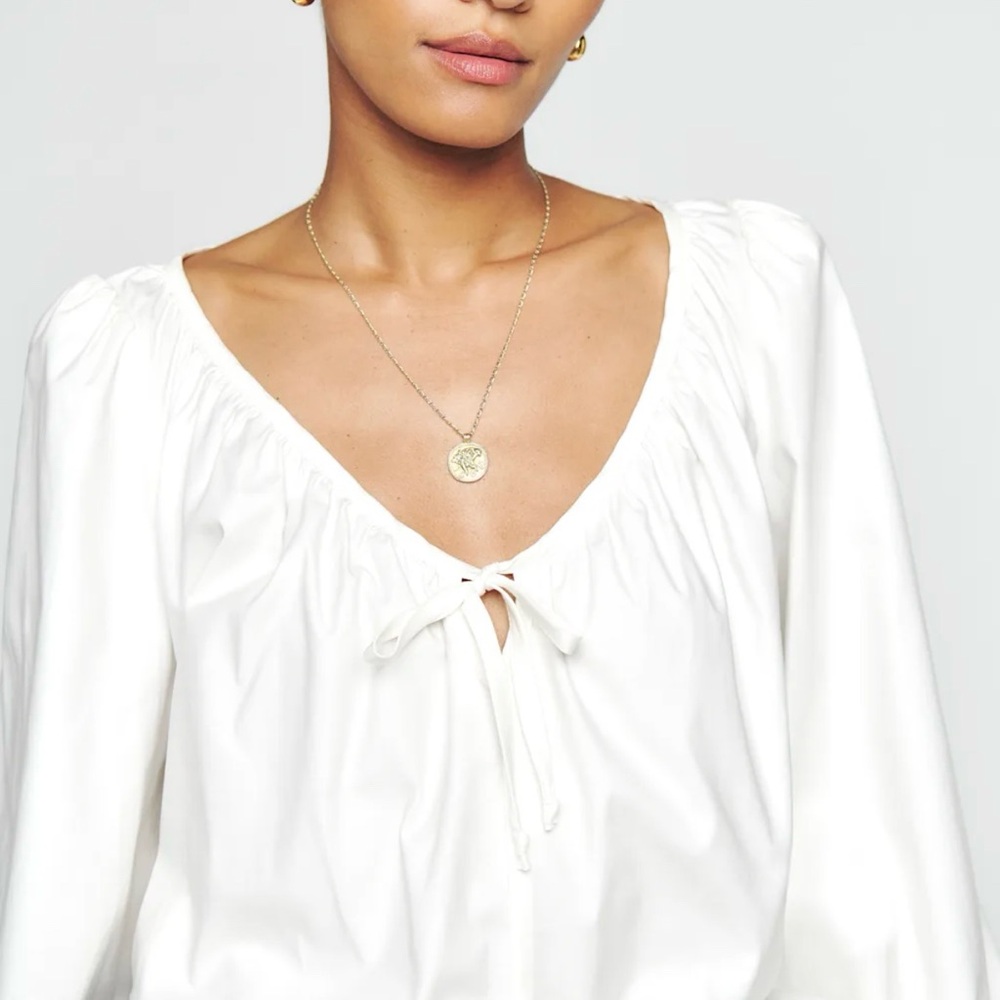 Reformation White Peasant Tie-Neck Blouse